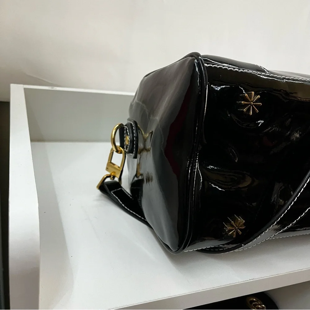 ISAAC MIZRAHI Black Patent Flower Boston Bag Satchel Tote